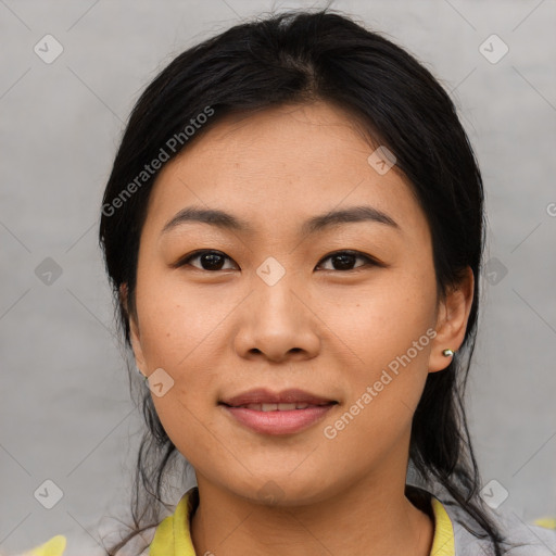 Joyful asian young-adult female with medium  brown hair and brown eyes