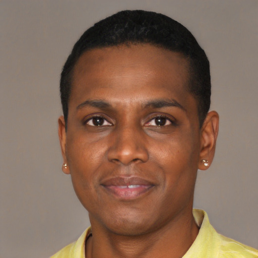 Neutral black young-adult male with short  black hair and brown eyes