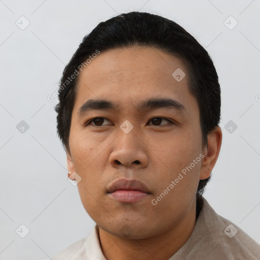 Neutral asian young-adult male with short  black hair and brown eyes