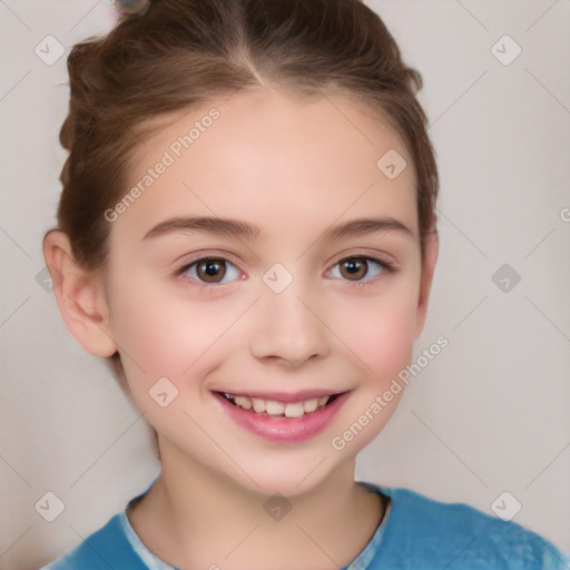 Joyful white child female with short  brown hair and brown eyes