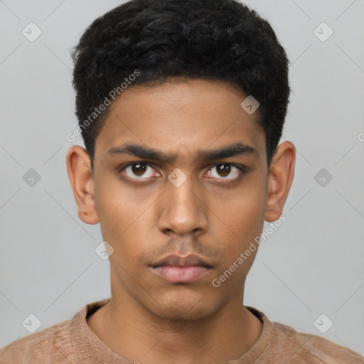 Neutral latino young-adult male with short  black hair and brown eyes