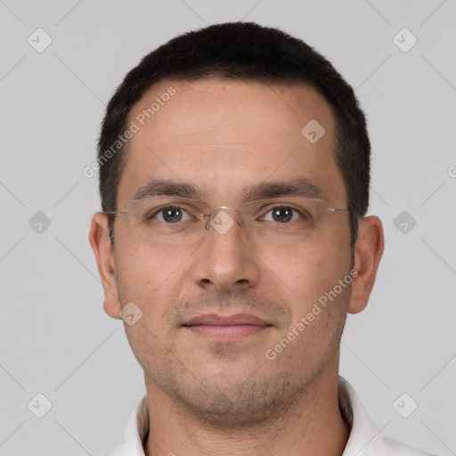 Neutral white young-adult male with short  brown hair and brown eyes