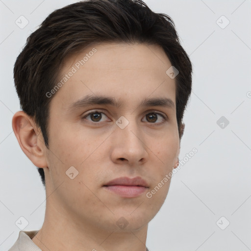 Neutral white young-adult male with short  brown hair and brown eyes