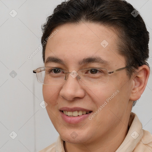 Joyful white adult female with short  brown hair and brown eyes