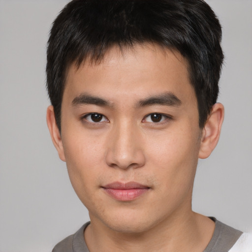 Neutral asian young-adult male with short  brown hair and brown eyes