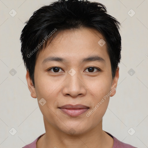 Joyful white young-adult male with short  black hair and brown eyes