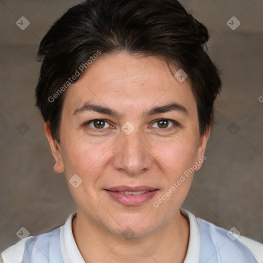 Joyful white adult female with short  brown hair and brown eyes