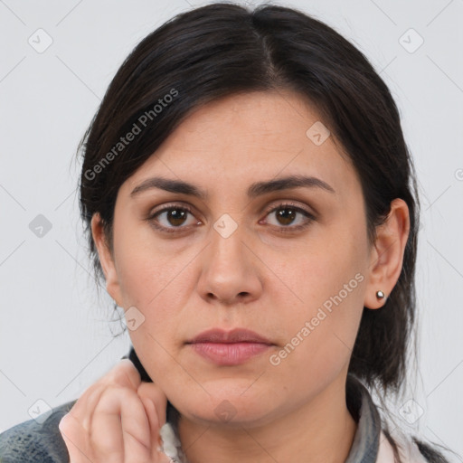 Neutral white young-adult female with medium  brown hair and brown eyes