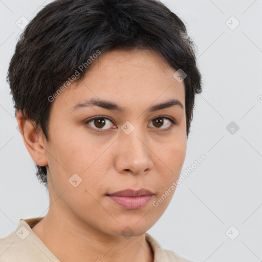 Neutral white young-adult female with short  brown hair and brown eyes