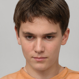 Neutral white young-adult male with short  brown hair and grey eyes