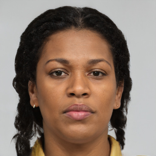 Neutral black young-adult female with long  brown hair and brown eyes