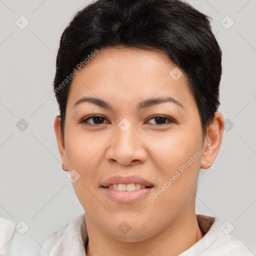 Joyful asian young-adult female with short  brown hair and brown eyes