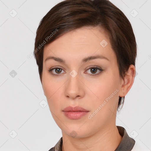 Neutral white young-adult female with short  brown hair and brown eyes