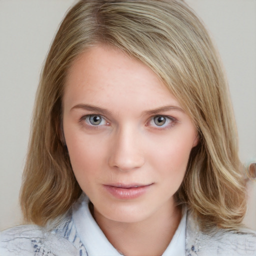 Neutral white young-adult female with medium  brown hair and blue eyes