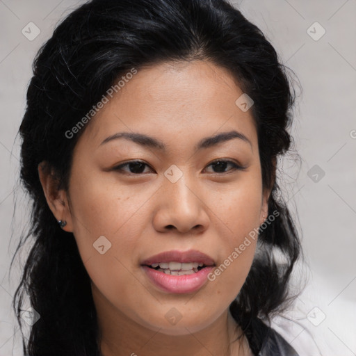 Joyful asian young-adult female with medium  brown hair and brown eyes