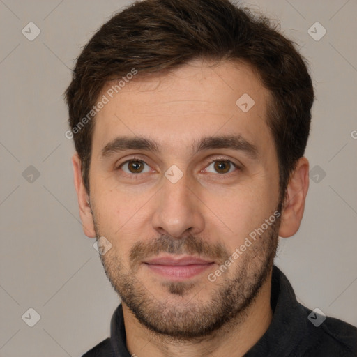 Joyful white young-adult male with short  brown hair and brown eyes