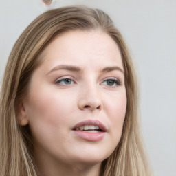 Neutral white young-adult female with long  brown hair and grey eyes