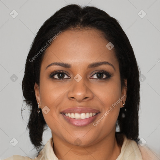 Joyful black young-adult female with medium  brown hair and brown eyes