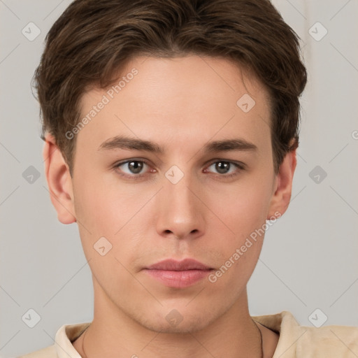 Neutral white young-adult male with short  brown hair and brown eyes