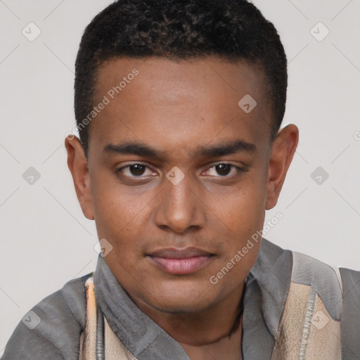 Neutral black young-adult male with short  brown hair and brown eyes