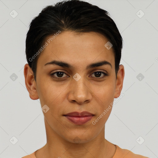 Joyful latino young-adult female with short  black hair and brown eyes