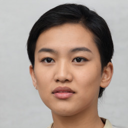 Neutral asian young-adult female with short  black hair and brown eyes