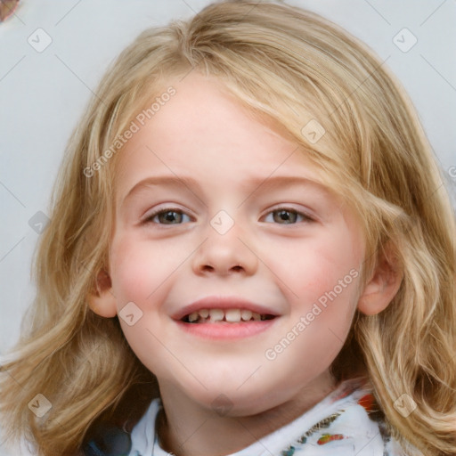 Joyful white child female with medium  brown hair and blue eyes