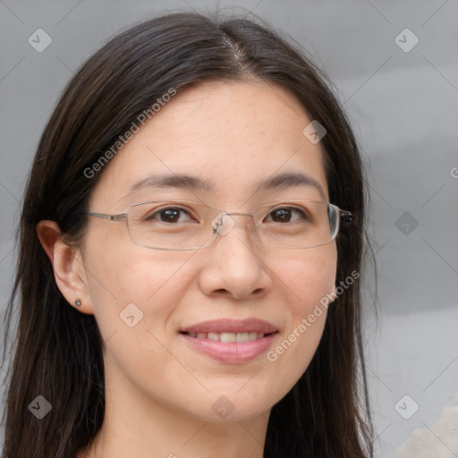 Joyful white adult female with long  brown hair and brown eyes