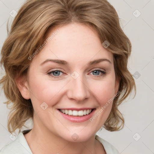 Joyful white young-adult female with medium  brown hair and blue eyes