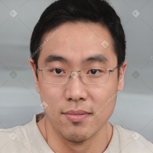 Neutral asian young-adult male with short  brown hair and brown eyes