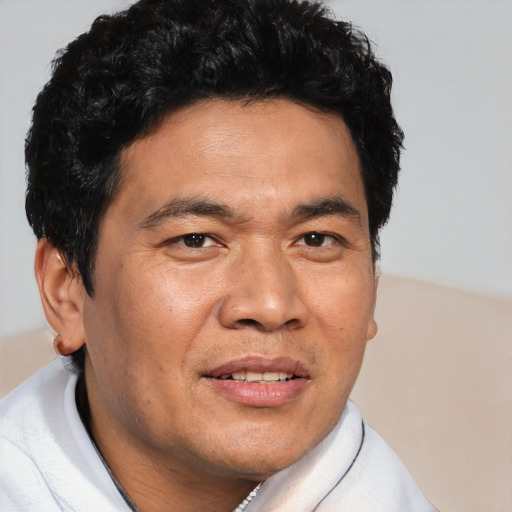 Joyful asian adult male with short  brown hair and brown eyes