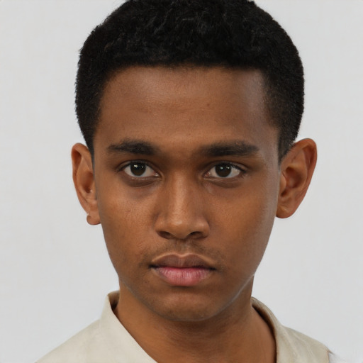 Neutral black young-adult male with short  black hair and brown eyes