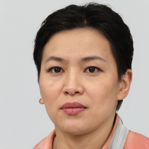 Neutral asian adult female with short  brown hair and brown eyes