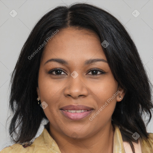 Joyful black young-adult female with medium  brown hair and brown eyes