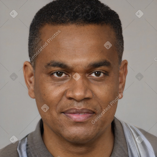 Joyful black adult male with short  brown hair and brown eyes