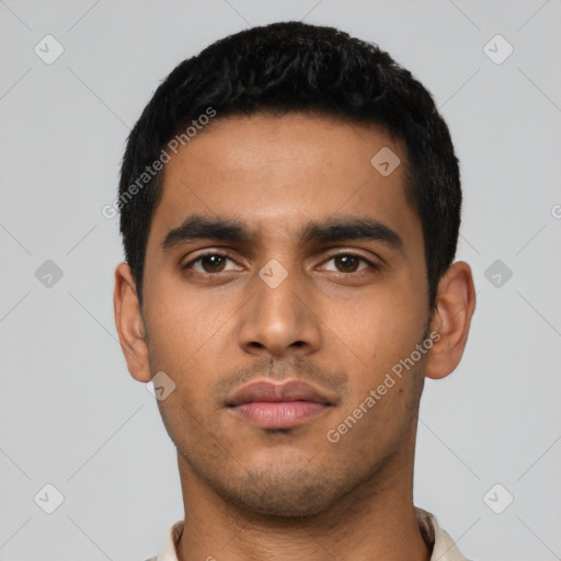 Neutral latino young-adult male with short  black hair and brown eyes