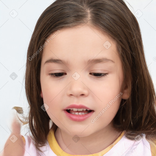 Joyful white child female with medium  brown hair and brown eyes