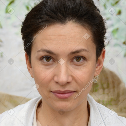 Joyful white adult female with short  brown hair and brown eyes