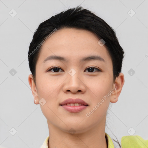 Joyful asian young-adult female with short  brown hair and brown eyes