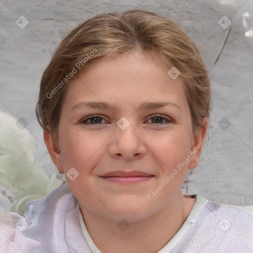 Joyful white child female with medium  brown hair and blue eyes