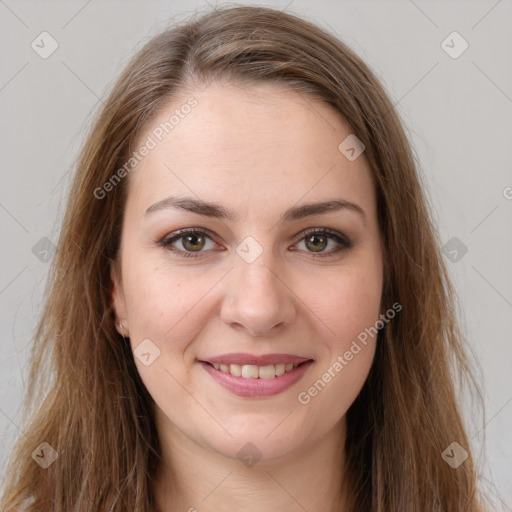 Joyful white young-adult female with long  brown hair and grey eyes