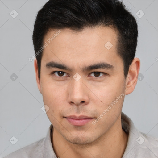 Neutral latino young-adult male with short  brown hair and brown eyes