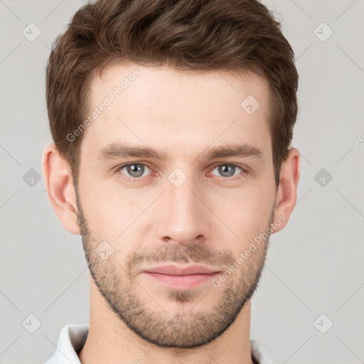 Neutral white young-adult male with short  brown hair and grey eyes