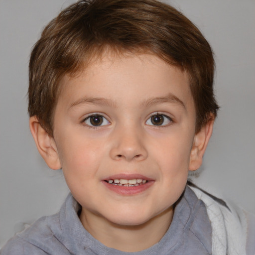 Joyful white child male with medium  brown hair and brown eyes