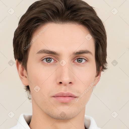 Neutral white young-adult male with short  brown hair and grey eyes