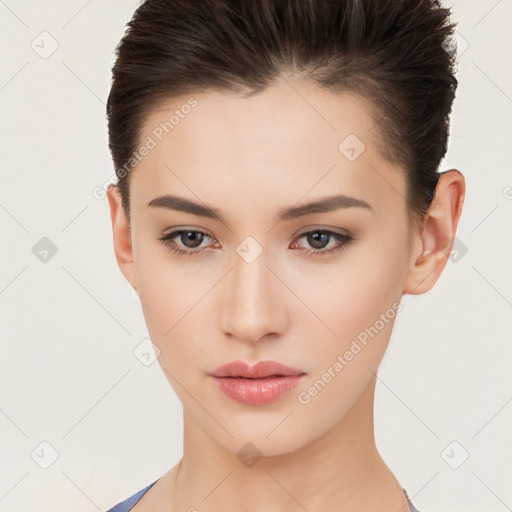 Neutral white young-adult female with short  brown hair and brown eyes