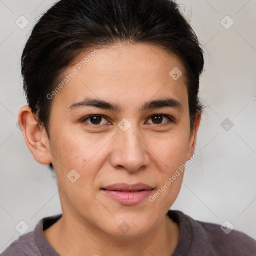 Joyful white young-adult female with short  brown hair and brown eyes