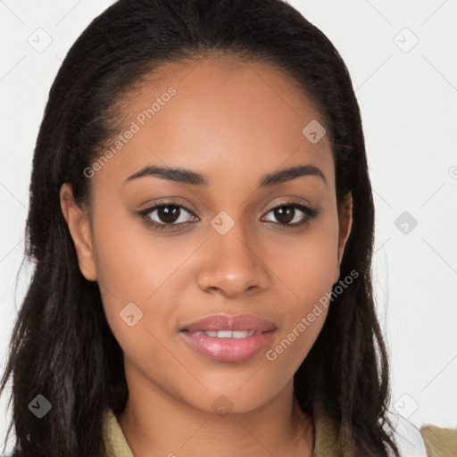 Joyful latino young-adult female with long  brown hair and brown eyes