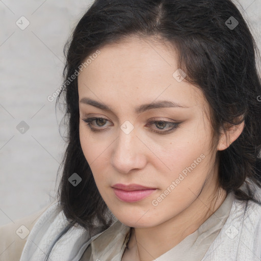 Neutral white young-adult female with medium  brown hair and brown eyes