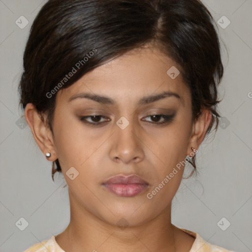 Neutral latino young-adult female with medium  brown hair and brown eyes